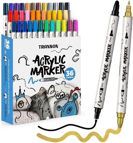 TRANSON 4 Black and 4 White Paint Markers Bold and Fine Dual-tip Acrylic Paint Marker Set for Rock Painting Glass Canvas Wood Leather Ceramic Painting in Kuwait