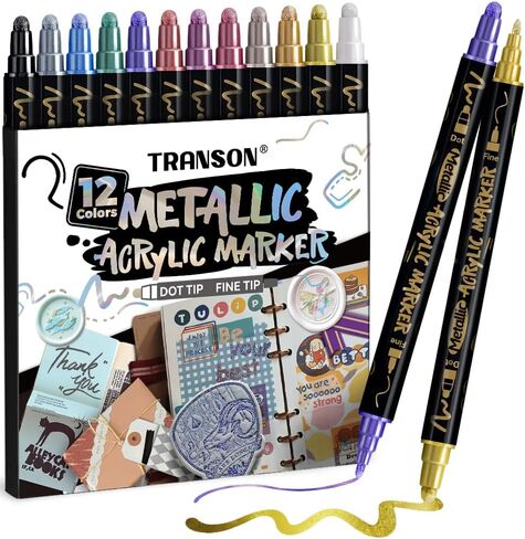 TRANSON 4 Black and 4 White Paint Markers Bold and Fine Dual-tip Acrylic Paint Marker Set for Rock Painting Glass Canvas Wood Leather Ceramic Painting in Kuwait