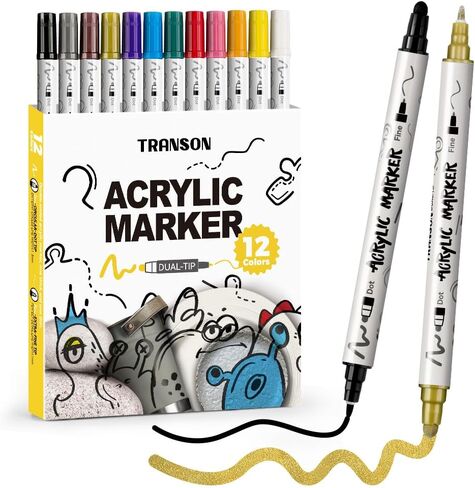 TRANSON 4 Black and 4 White Paint Markers Bold and Fine Dual-tip Acrylic Paint Marker Set for Rock Painting Glass Canvas Wood Leather Ceramic Painting in Kuwait