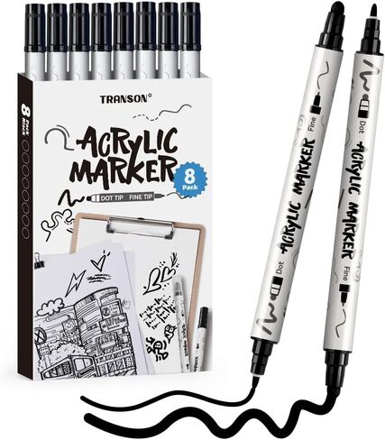 TRANSON 4 Black and 4 White Paint Markers Bold and Fine Dual-tip Acrylic Paint Marker Set for Rock Painting Glass Canvas Wood Leather Ceramic Painting in Kuwait