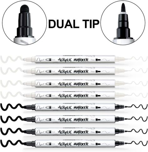 TRANSON 4 Black and 4 White Paint Markers Bold and Fine Dual-tip Acrylic Paint Marker Set for Rock Painting Glass Canvas Wood Leather Ceramic Painting in Kuwait