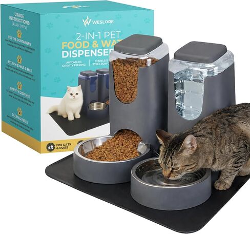 Automatic Cat Feeder 2.8L/4L Water Dispenser Set w/Tray Mat, Gravity Pet Feeder, Large Capacity Non-Spill Cat Water & Food Stainless Steel Bowls, Water Dispenser for Feeding Cats & Dog in Saudi Arabia