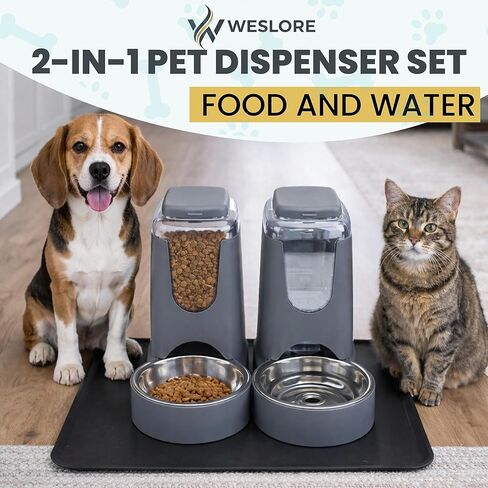 Automatic Cat Feeder 2.8L/4L Water Dispenser Set w/Tray Mat, Gravity Pet Feeder, Large Capacity Non-Spill Cat Water & Food Stainless Steel Bowls, Water Dispenser for Feeding Cats & Dog in Saudi Arabia