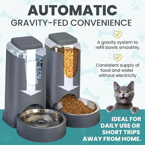 Automatic Cat Feeder 2.8L/4L Water Dispenser Set w/Tray Mat, Gravity Pet Feeder, Large Capacity Non-Spill Cat Water & Food Stainless Steel Bowls, Water Dispenser for Feeding Cats & Dog in Saudi Arabia