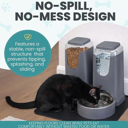 Automatic Cat Feeder 2.8L/4L Water Dispenser Set w/Tray Mat, Gravity Pet Feeder, Large Capacity Non-Spill Cat Water & Food Stainless Steel Bowls, Water Dispenser for Feeding Cats & Dog in Saudi Arabia