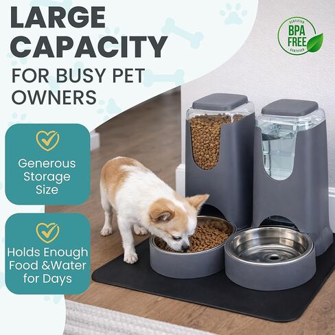 Automatic Cat Feeder 2.8L/4L Water Dispenser Set w/Tray Mat, Gravity Pet Feeder, Large Capacity Non-Spill Cat Water & Food Stainless Steel Bowls, Water Dispenser for Feeding Cats & Dog in Saudi Arabia