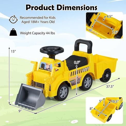 HONEY JOY Ride On Tractor مع مقطورة، جرافة حفارة للأطفال مع مجرفة، تخزين المقعد، صوت المحرك، الموسيقى، دلو التحكم اليدوي، ركوب على مركبة البناء للأطفال الصغار الأولاد والبنات، أصفر in Kuwait