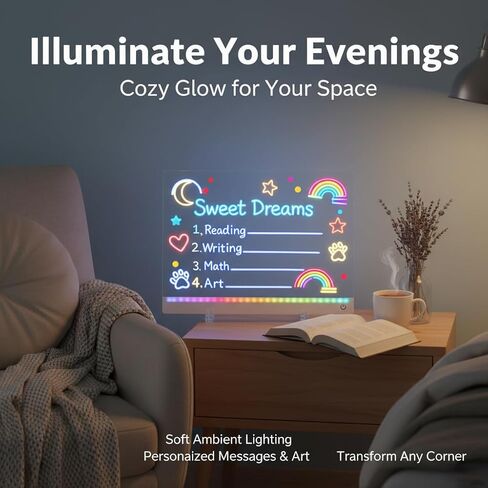 Creative Rewritable Acrylic LED Message Board,LED Drawing Board for Kids, 13.8"X10" Light up Drawing Board with 7 Colored Brushes and a Full Set of Tools, New Glow-in-The-Dark Graffiti Board. in Saudi Arabia