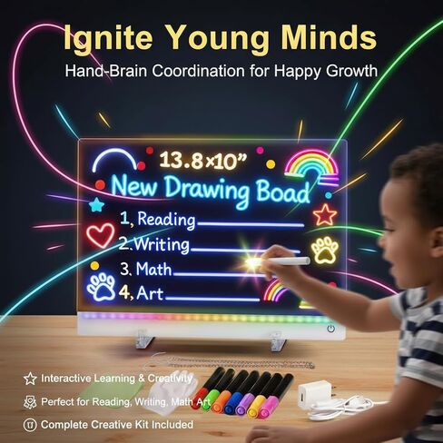 Creative Rewritable Acrylic LED Message Board,LED Drawing Board for Kids, 13.8"X10" Light up Drawing Board with 7 Colored Brushes and a Full Set of Tools, New Glow-in-The-Dark Graffiti Board. in Saudi Arabia