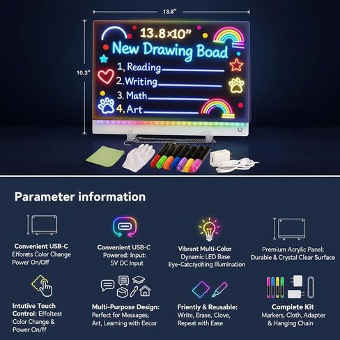 Creative Rewritable Acrylic LED Message Board,LED Drawing Board for Kids, 13.8"X10" Light up Drawing Board with 7 Colored Brushes and a Full Set of Tools, New Glow-in-The-Dark Graffiti Board. in Saudi Arabia
