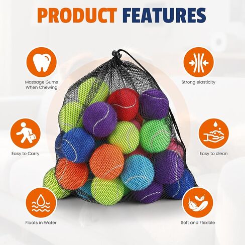 Tennis Balls for Dogs 16 Pack,2.5 inches,Durable and Non-Toxic Dog Toys Balls with Mesh Bag,Colorful Fetch Toys Balls for pet Dog (Non Squeaky) in Kuwait