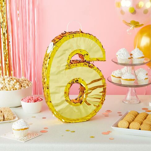 Juvale Gold Foil Number 6 Pinata - Shimmering Gold Centerpiece & Pinatas for Birthday Party - For 6th Birthday Decorations for Boys - 15.5x10.5x3 in in Saudi Arabia