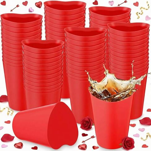 Qinyoung 100 Pcs Valentines Heart Shaped Plastic Cups Bulk 12 oz Plastic Heart Wine Cups Reusable Pink Red Galentines Party Cup for Wedding Birthday Drinking Beverage Party Supplies(Red) in Kuwait