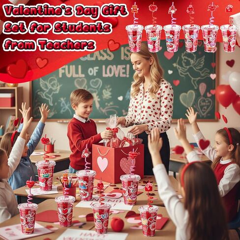 Yungyan 150 Pcs Valentine's Day Plastic Cups Bulk Valentine Plastic Cups with Lid Silly Straw Raffia Stickers for Classroom Prize School Exchange Goodie Bag for Kids Students, 24 Sets(Love) in Saudi Arabia