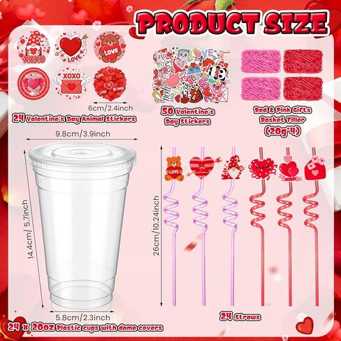Yungyan 150 Pcs Valentine's Day Plastic Cups Bulk Valentine Plastic Cups with Lid Silly Straw Raffia Stickers for Classroom Prize School Exchange Goodie Bag for Kids Students, 24 Sets(Love) in Saudi Arabia