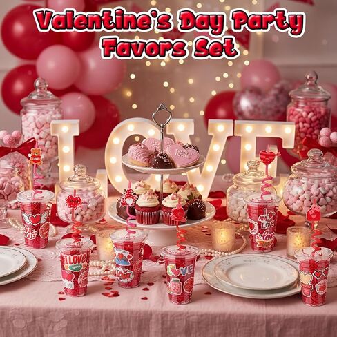 Yungyan 150 Pcs Valentine's Day Plastic Cups Bulk Valentine Plastic Cups with Lid Silly Straw Raffia Stickers for Classroom Prize School Exchange Goodie Bag for Kids Students, 24 Sets(Love) in Saudi Arabia