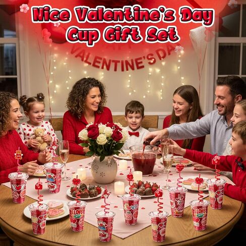 Yungyan 150 Pcs Valentine's Day Plastic Cups Bulk Valentine Plastic Cups with Lid Silly Straw Raffia Stickers for Classroom Prize School Exchange Goodie Bag for Kids Students, 24 Sets(Love) in Saudi Arabia