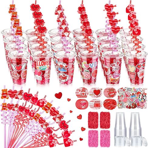 Yungyan 150 Pcs Valentine's Day Plastic Cups Bulk Valentine Plastic Cups with Lid Silly Straw Raffia Stickers for Classroom Prize School Exchange Goodie Bag for Kids Students, 24 Sets(Love) in Saudi Arabia
