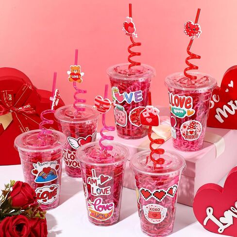 Yungyan 150 Pcs Valentine's Day Plastic Cups Bulk Valentine Plastic Cups with Lid Silly Straw Raffia Stickers for Classroom Prize School Exchange Goodie Bag for Kids Students, 24 Sets(Love) in Saudi Arabia