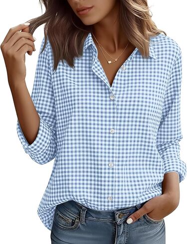 Wrinkle Free Button Down Shirts for Women Charm Slim-Fit Short/Long Sleeve Formal Solid Dress Shirt Blouses Tops in Saudi Arabia