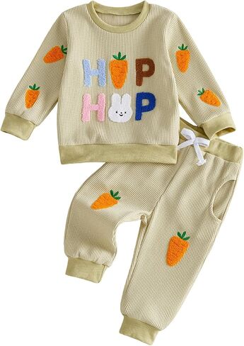 Amiblvowa Toddler Baby Girl Easter Outfit Waffle Long Sleeve Embroidery Bunny Sweatshirt Jogger Pants Set 2Pc Spring Clothes in Saudi Arabia