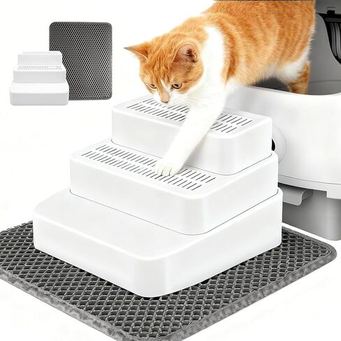 3-Steps Cat Litter Box Ramp with Litter Mat Set for Automatic Litter Boxes, Detachable & Non-Slip Cat Steps with Litter Catching Function, Essential to Small & Elderly & Disabled Cats in Saudi Arabia
