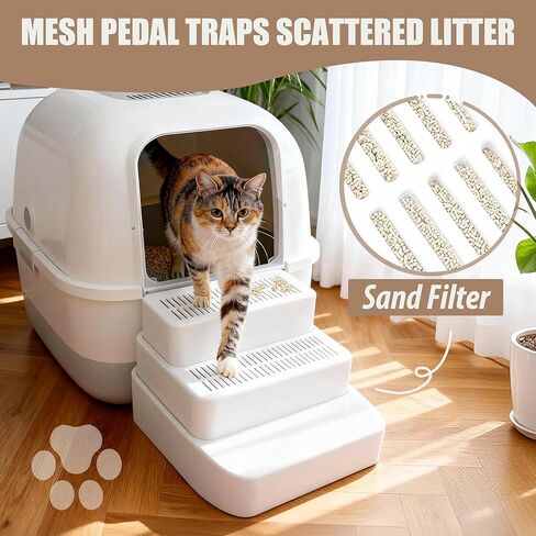 3-Steps Cat Litter Box Ramp with Litter Mat Set for Automatic Litter Boxes, Detachable & Non-Slip Cat Steps with Litter Catching Function, Essential to Small & Elderly & Disabled Cats in Saudi Arabia