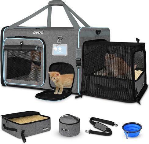 Petskd Side Expandable Extra Large Cat Car Carrier with Collapsible Litter Box for Long Distance Travel,24"x17"x17" Portable Soft Sided Pet Carrier with Roller Shades for 2 Cats Up to 55LBS(Grey) in Kuwait