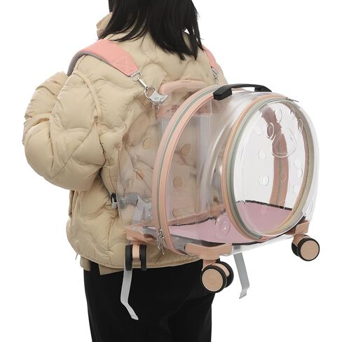 Pet Carrier with Wheels, Transparent Hard Breathable Pet Carrier with Ventilation Holes Telescopic Handle Multiple Carrying Strollers for Cats Dogs (Pink) in Saudi Arabia