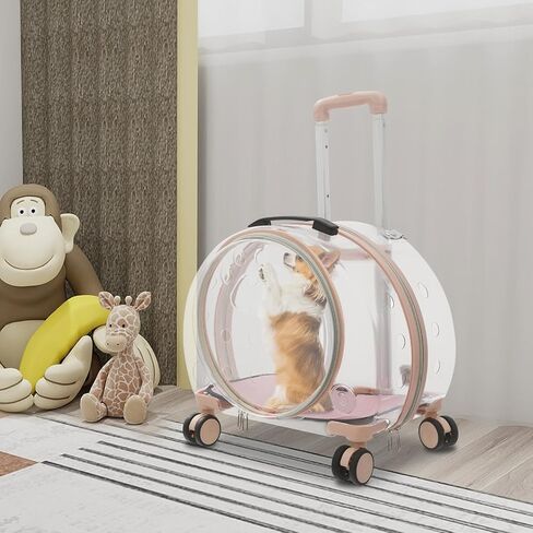 Pet Carrier with Wheels, Transparent Hard Breathable Pet Carrier with Ventilation Holes Telescopic Handle Multiple Carrying Strollers for Cats Dogs (Pink) in Saudi Arabia