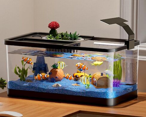 5.3 Gallon Fish Tank, 9 in 1 Betta Fish Tank, Aquarium with LED Full Spectrum 3 Color Light, 3 Modes Filter, Hydroponic Basket, Fishing Net, Shells, Aquatic Plant, Pebbles, Coral, Starter Kit (Black) in Saudi Arabia