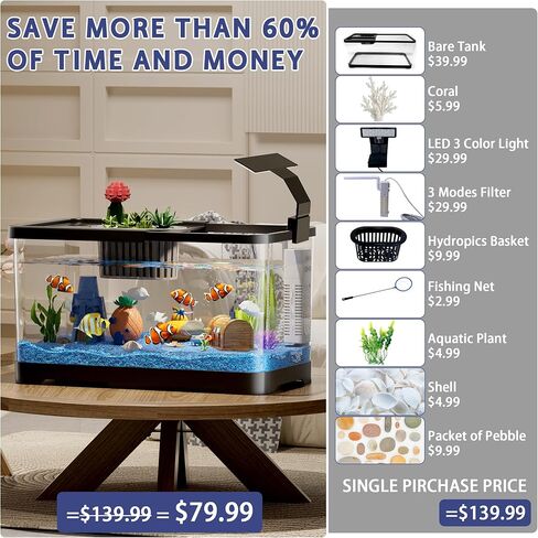 5.3 Gallon Fish Tank, 9 in 1 Betta Fish Tank, Aquarium with LED Full Spectrum 3 Color Light, 3 Modes Filter, Hydroponic Basket, Fishing Net, Shells, Aquatic Plant, Pebbles, Coral, Starter Kit (Black) in Saudi Arabia