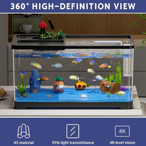 5.3 Gallon Fish Tank, 9 in 1 Betta Fish Tank, Aquarium with LED Full Spectrum 3 Color Light, 3 Modes Filter, Hydroponic Basket, Fishing Net, Shells, Aquatic Plant, Pebbles, Coral, Starter Kit (Black) in Saudi Arabia