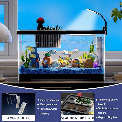 5.3 Gallon Fish Tank, 9 in 1 Betta Fish Tank, Aquarium with LED Full Spectrum 3 Color Light, 3 Modes Filter, Hydroponic Basket, Fishing Net, Shells, Aquatic Plant, Pebbles, Coral, Starter Kit (Black) in Saudi Arabia