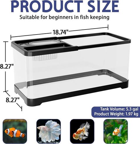 5.3 Gallon Fish Tank, 9 in 1 Betta Fish Tank, Aquarium with LED Full Spectrum 3 Color Light, 3 Modes Filter, Hydroponic Basket, Fishing Net, Shells, Aquatic Plant, Pebbles, Coral, Starter Kit (Black) in Saudi Arabia