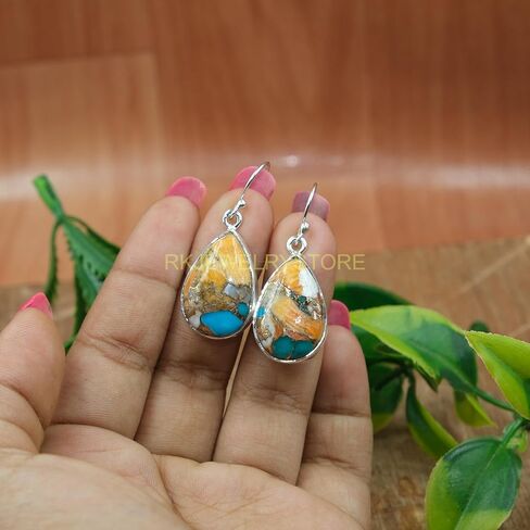 Natural Top Quality Orange Spiny Oyster Turquoise Gemstone 925 Sterling Silver Orange Stone Handmade Dangle Earrings Jewelry Gift for Her in Saudi Arabia