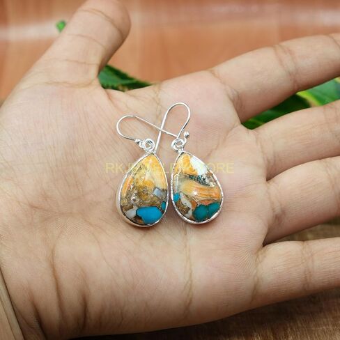 Natural Top Quality Orange Spiny Oyster Turquoise Gemstone 925 Sterling Silver Orange Stone Handmade Dangle Earrings Jewelry Gift for Her in Saudi Arabia