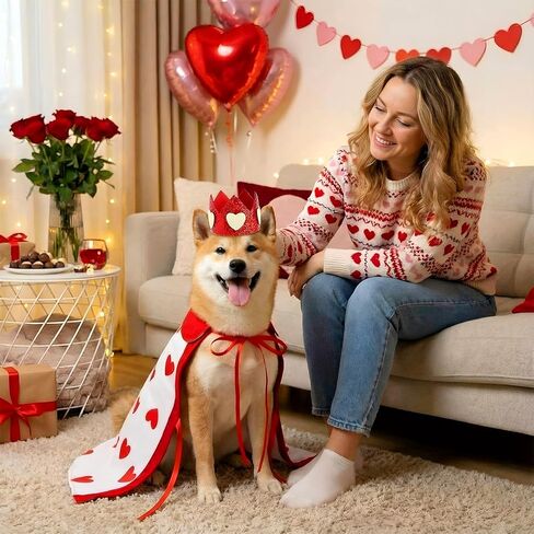 Hillban Valentine's Day Dog Costume Heart Crown and Cape Cover Set Dog Queen Valentines Outfit Heart Cape Hat for Small, Medium, Large Dogs and Pets(M) in Kuwait