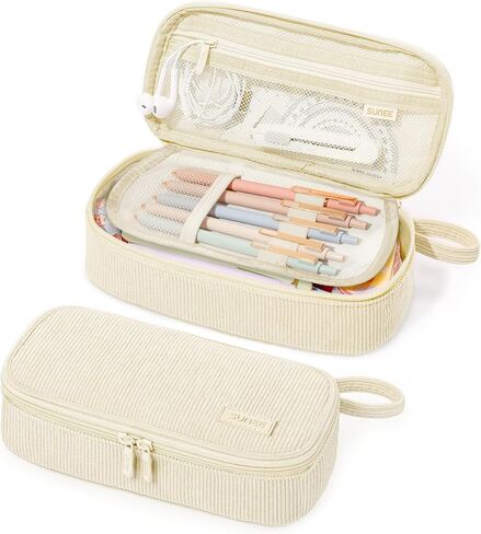 SUNEE Cute Pencil Case, Large Capacity Pencil Pouch Aesthetic Zipper Pencil Bag, Big Storage Pen Organizer for Stationery, Soft Corduroy Pencil Box Back to School Supplies for Teen Girls Boys, Beige in Kuwait