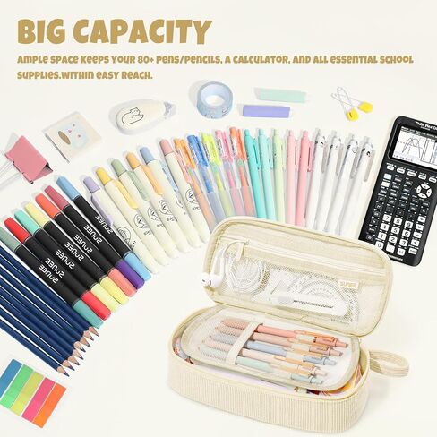 SUNEE Cute Pencil Case, Large Capacity Pencil Pouch Aesthetic Zipper Pencil Bag, Big Storage Pen Organizer for Stationery, Soft Corduroy Pencil Box Back to School Supplies for Teen Girls Boys, Beige in Kuwait