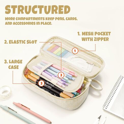 SUNEE Cute Pencil Case, Large Capacity Pencil Pouch Aesthetic Zipper Pencil Bag, Big Storage Pen Organizer for Stationery, Soft Corduroy Pencil Box Back to School Supplies for Teen Girls Boys, Beige in Kuwait