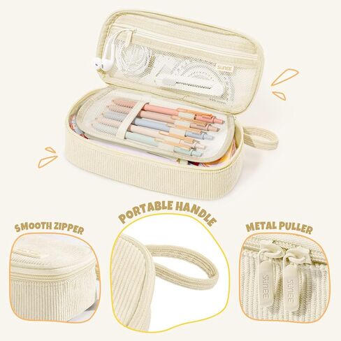 SUNEE Cute Pencil Case, Large Capacity Pencil Pouch Aesthetic Zipper Pencil Bag, Big Storage Pen Organizer for Stationery, Soft Corduroy Pencil Box Back to School Supplies for Teen Girls Boys, Beige in Kuwait