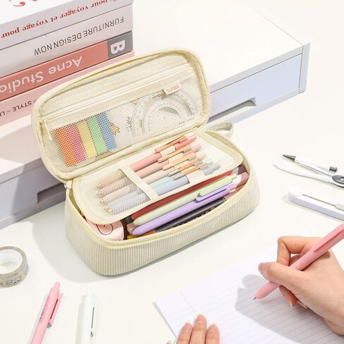 SUNEE Cute Pencil Case, Large Capacity Pencil Pouch Aesthetic Zipper Pencil Bag, Big Storage Pen Organizer for Stationery, Soft Corduroy Pencil Box Back to School Supplies for Teen Girls Boys, Beige in Kuwait