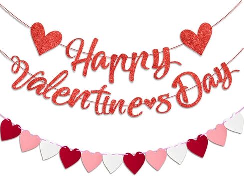 لافتة عيد الحب السعيدة، لافتة عيد الحب اللامعة، إكليل قلب أحمر وردي، لتزيين عيد الحب، جدران المنزل وديكورات الحفلات in Kuwait