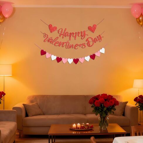لافتة عيد الحب السعيدة، لافتة عيد الحب اللامعة، إكليل قلب أحمر وردي، لتزيين عيد الحب، جدران المنزل وديكورات الحفلات in Kuwait
