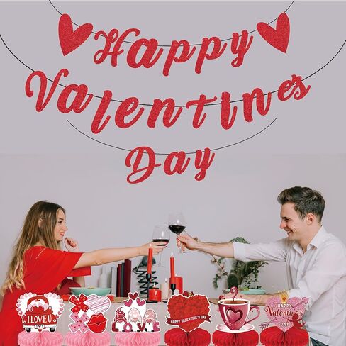 Valentine’s Day Party Decorations – Glitter "Happy Valentine’s Day" Banner with 6 Honeycomb Table Centerpieces, Romantic Valentines Day Table Decor for Valentine Party in Saudi Arabia