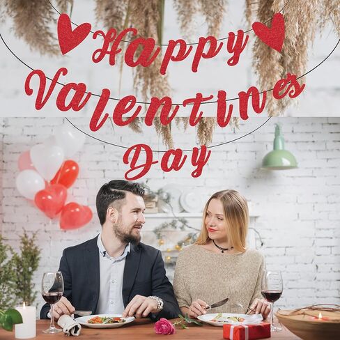 Valentine’s Day Party Decorations – Glitter "Happy Valentine’s Day" Banner with 6 Honeycomb Table Centerpieces, Romantic Valentines Day Table Decor for Valentine Party in Saudi Arabia