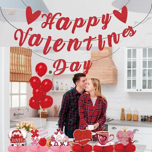 Valentine’s Day Party Decorations – Glitter "Happy Valentine’s Day" Banner with 6 Honeycomb Table Centerpieces, Romantic Valentines Day Table Decor for Valentine Party in Saudi Arabia
