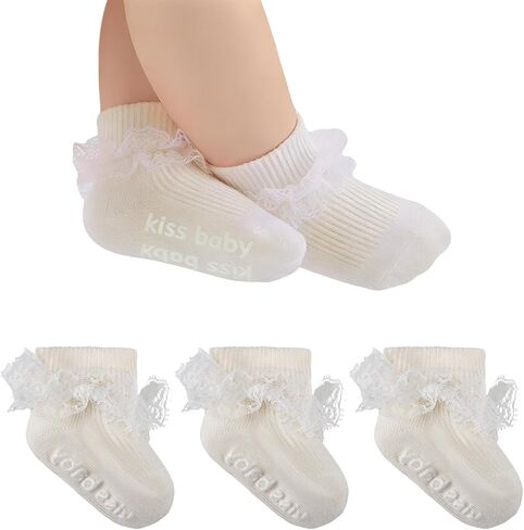 Baby Girl Ruffle Socks with Grips Turn Cuff Ankle Lace Frilly Dress Socks for Newborn/Infant/Toddler/Little Kids in Saudi Arabia
