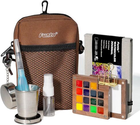 Funto Mini Watercolor Paint Set, All-in-One Walnut Wood 15-Color Premium Pocket Travel Paint Kit, with Crossbody Bag,Watercolor Journal, Metal Clip, Paint Water Cup, Water Brush Ideal for Art Lovers in Saudi Arabia
